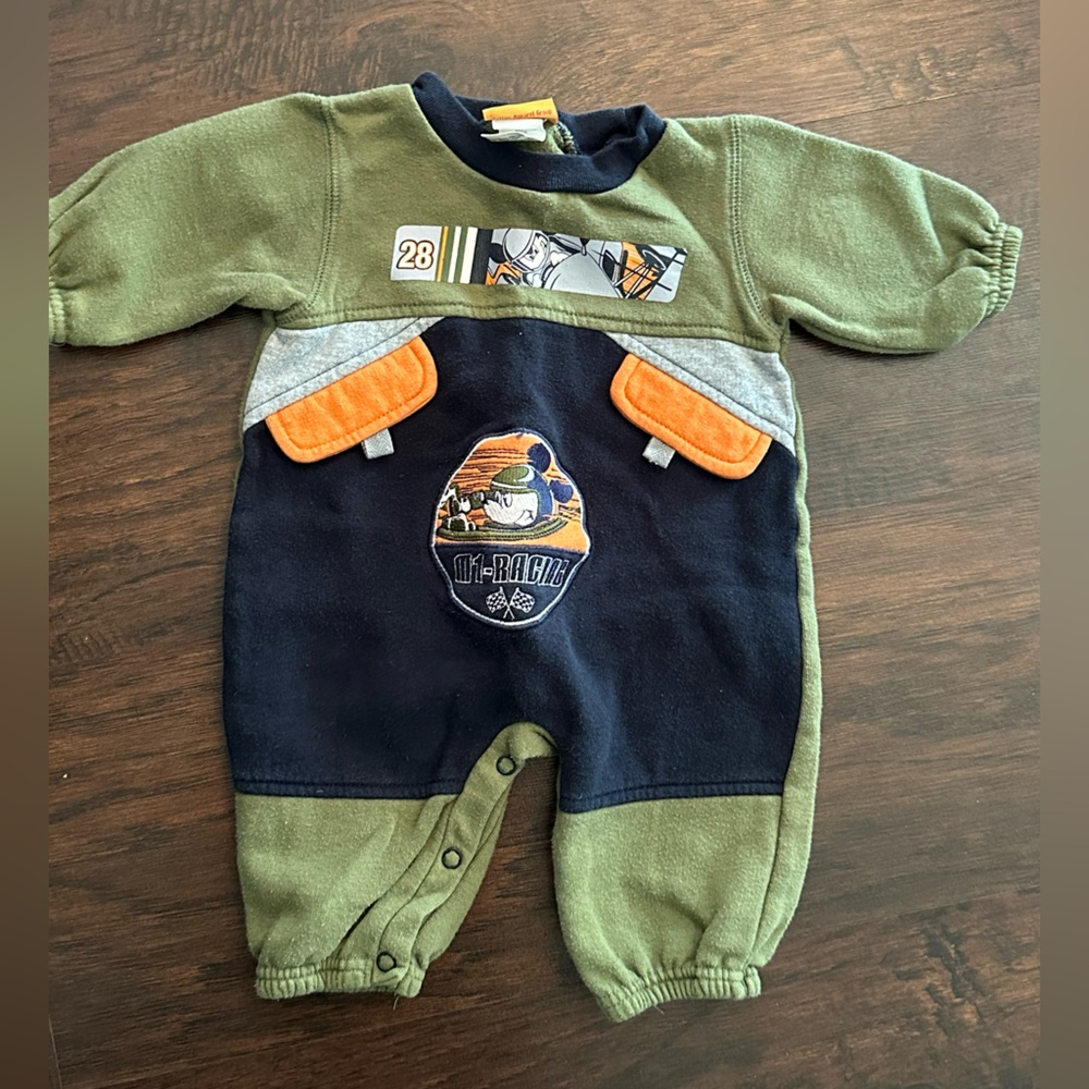 Green & Navy Baby Vintage Disney Mickey Racing One-Piece with Racing Patch